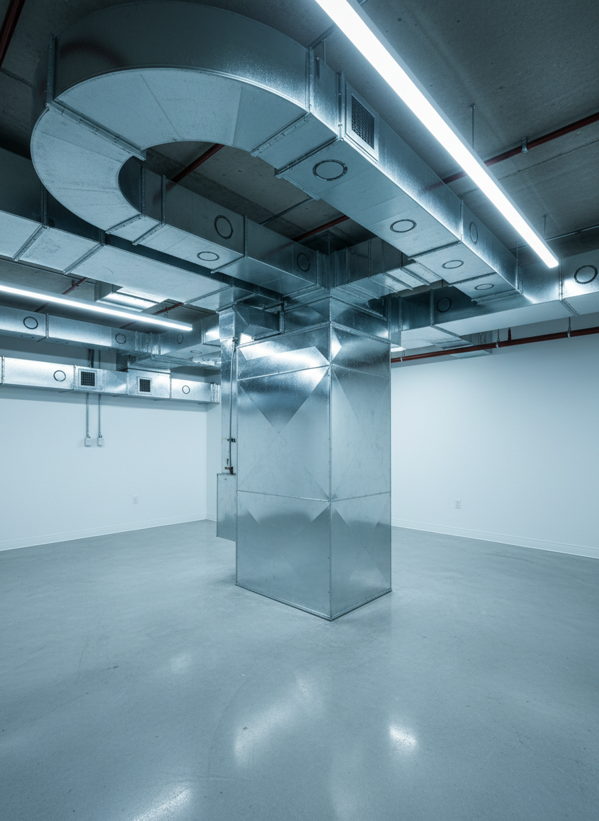A spotless, open HVAC utility room in a modern Mentor-on-the-Lake home, featuring a large, gleaming metal furnace cabinet and exposed, freshly cleaned galvanized steel air ducts running along the ceiling. The ducts have visible access panels and brushed metal textures, with no dust or debris. Cool, even overhead LED lighting illuminates the scene, creating crisp reflections on the ductwork and soft shadows on the smooth concrete floor. Photographic realism at eye level, with a wide-angle composition showing the entire system in sharp focus. The mood is professional, hygienic, and reassuring, conveying a sense of high indoor air quality and meticulous HVAC hygiene.